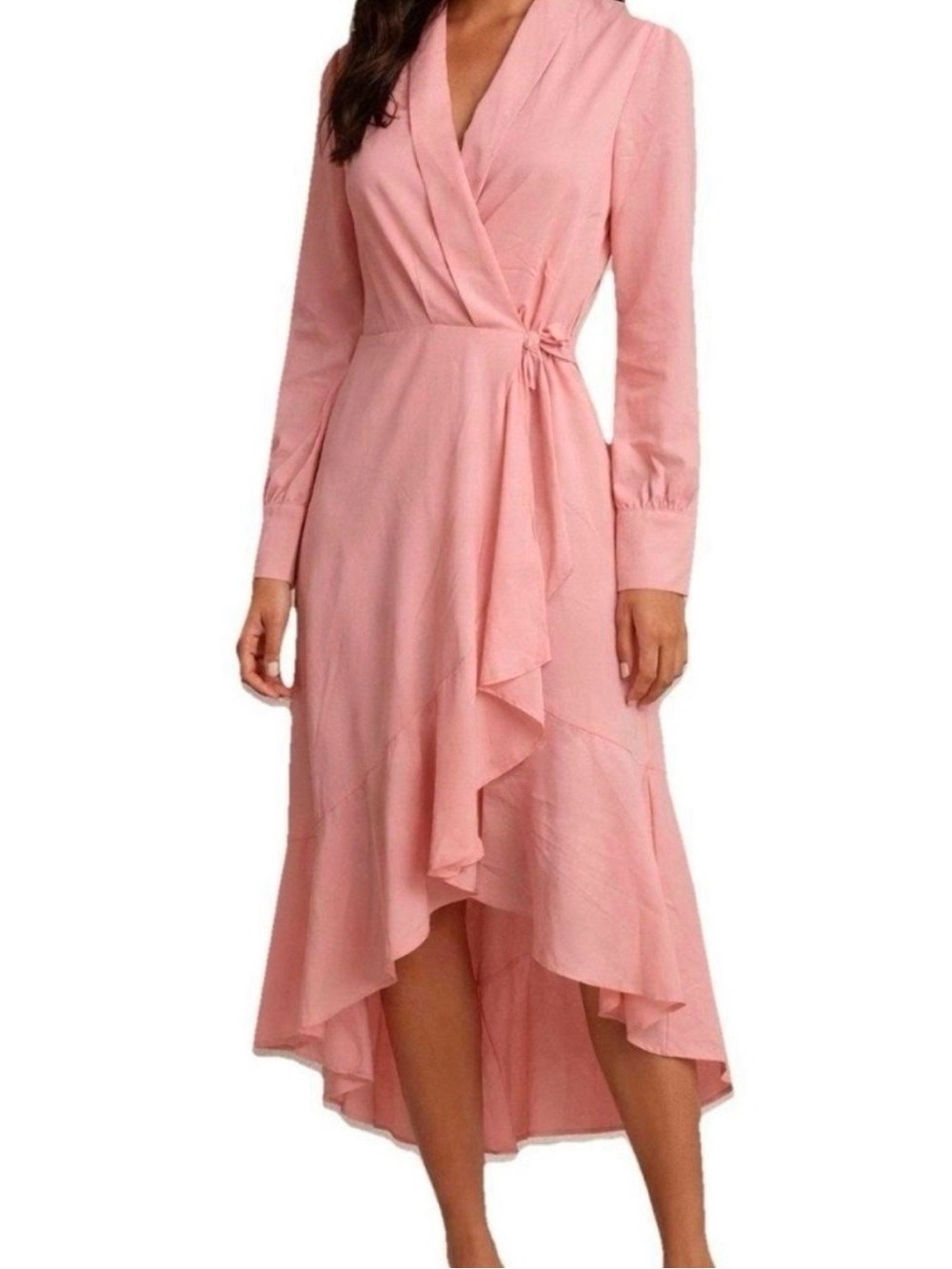 63. HALARA Blush Pink Wrap Midi Dress with High-Low Ruffle Hem